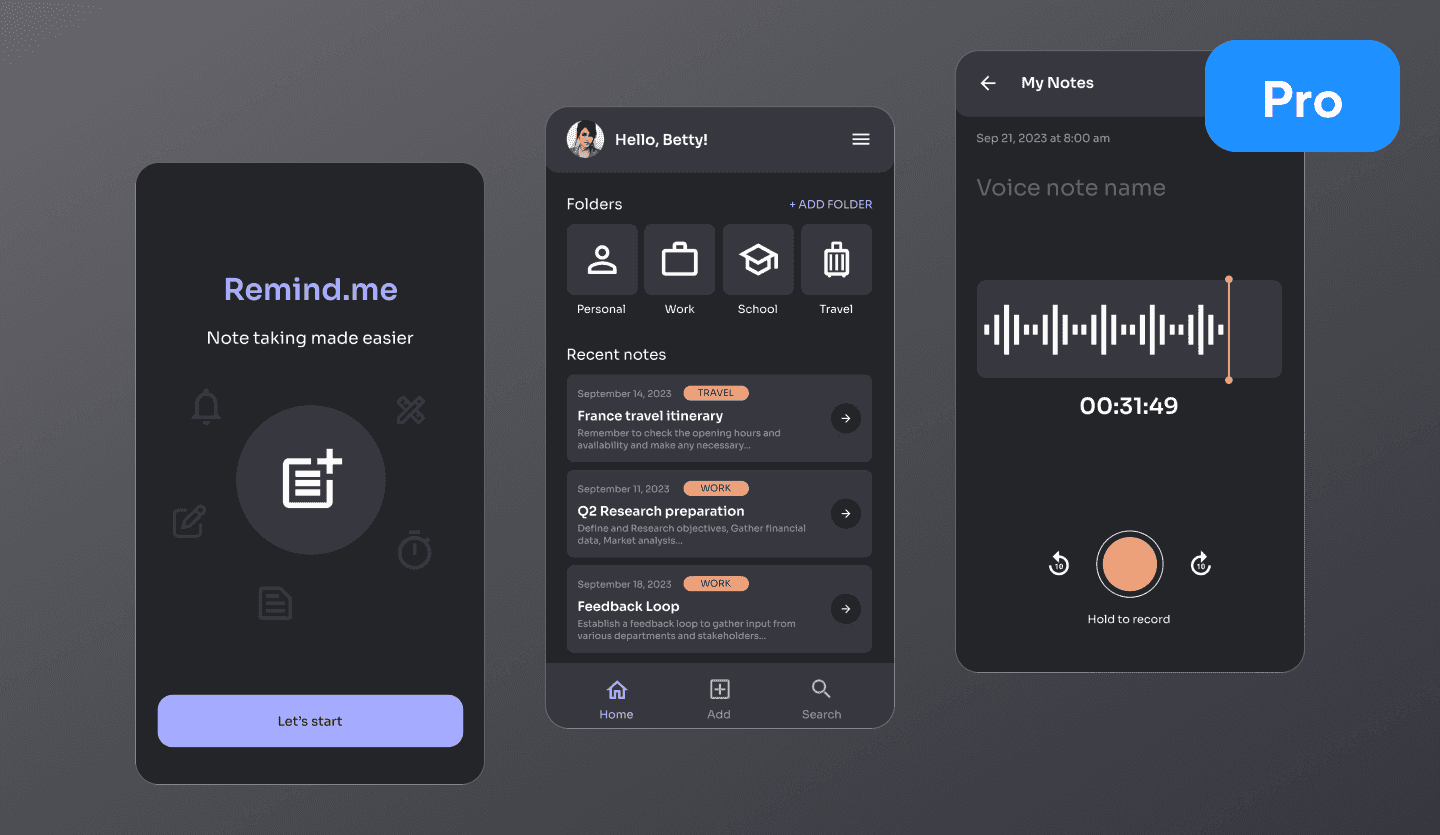 Note taking dark mode app UI design template